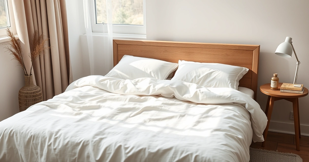 Cama arrumada com roupa de cama clara, num quarto tranquilo