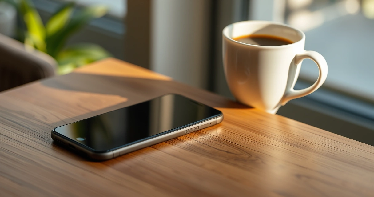 Celular sobre uma mesa de madeira, ao lado de uma xícara de café