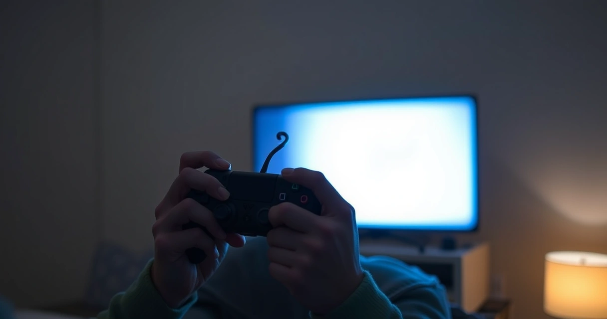 Mãos segurando um controle de videogame, com o brilho da tela ao fundo