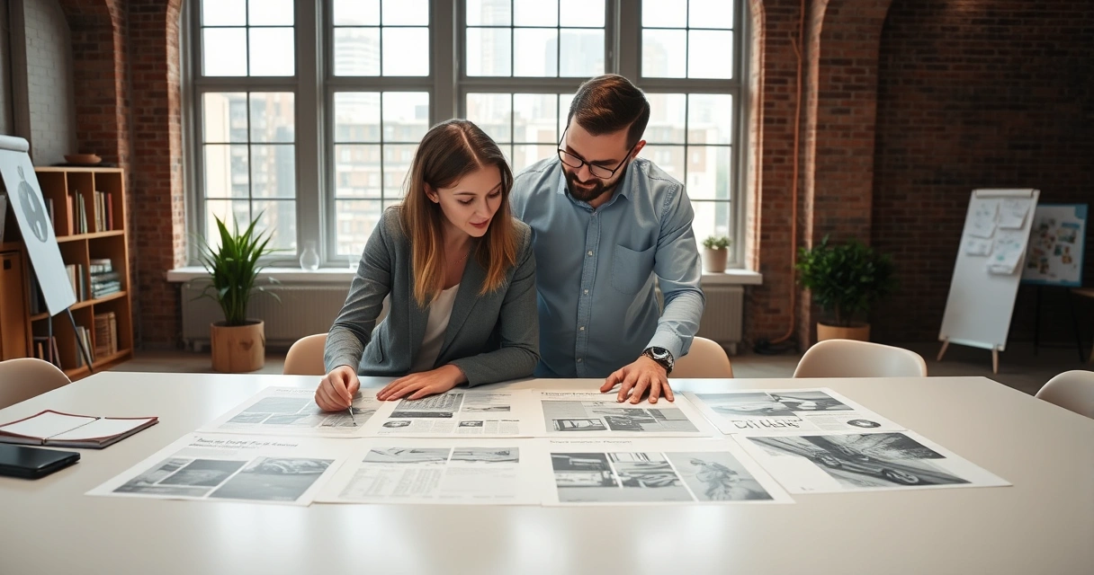 Duas pessoas analisando layouts impressos sobre uma mesa grande