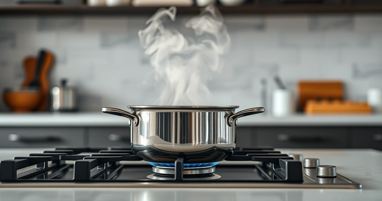 Panela sobre o fogão, com vapor subindo, e a bancada desfocada ao fundo