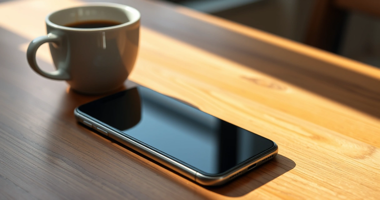 Celular sobre uma mesa de madeira, ao lado de uma xícara de café