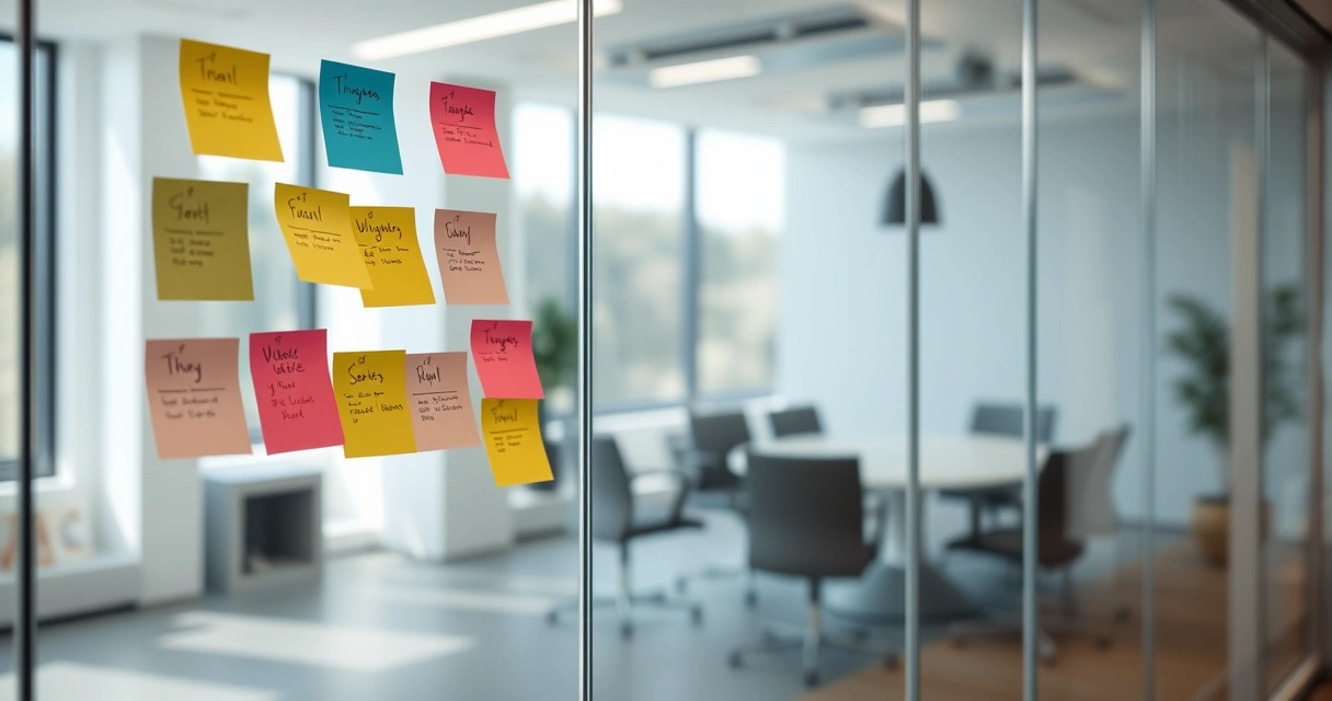 Post-its colados numa parede de vidro em sala de reunião