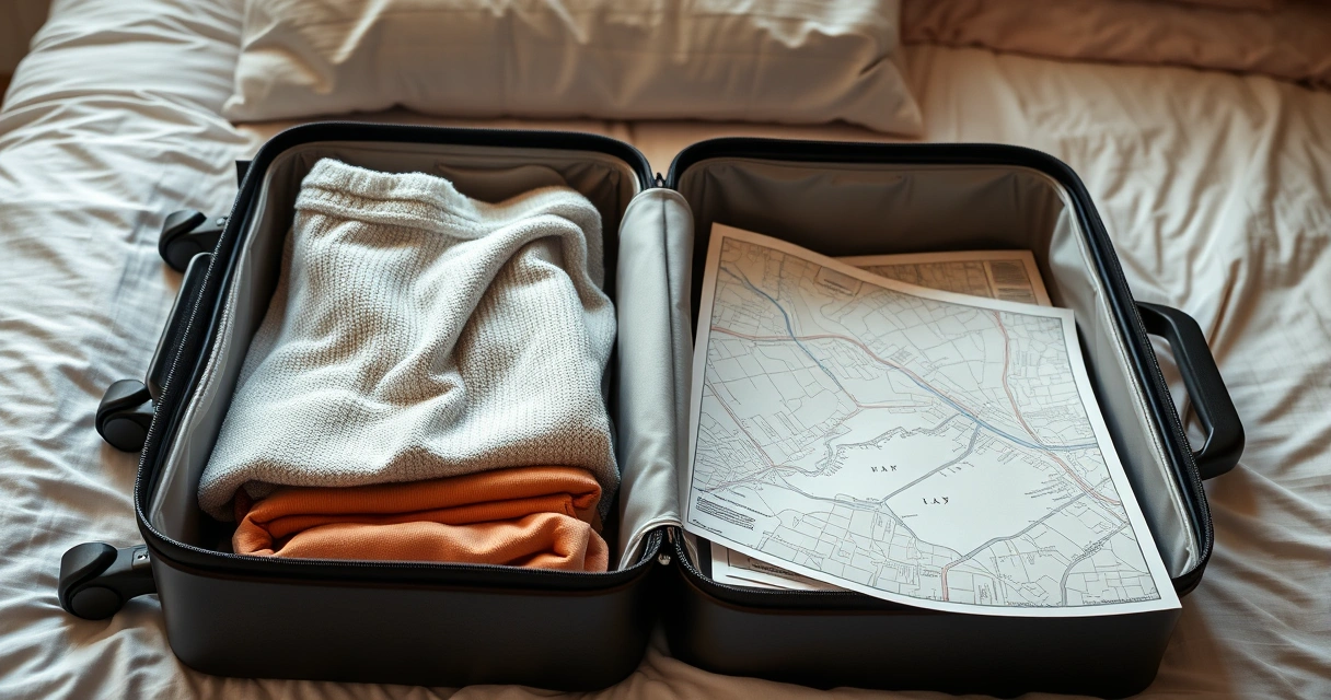 Mala aberta com roupas dobradas e um mapa de papel sobre a cama