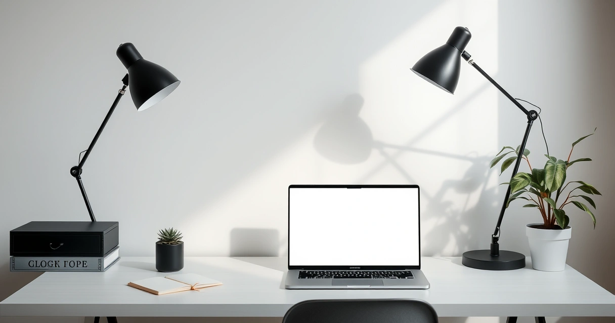 Estação de trabalho organizada, com notebook, luminária e planta