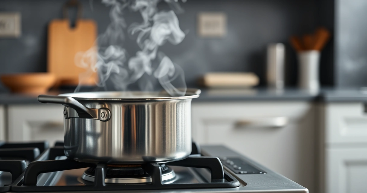 Panela sobre o fogão, com vapor subindo, e a bancada desfocada ao fundo