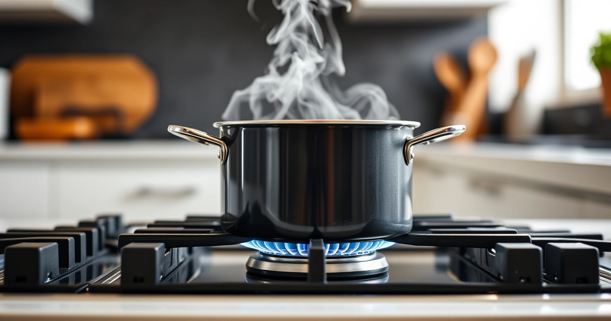 Panela sobre o fogão, com vapor subindo, e a bancada desfocada ao fundo