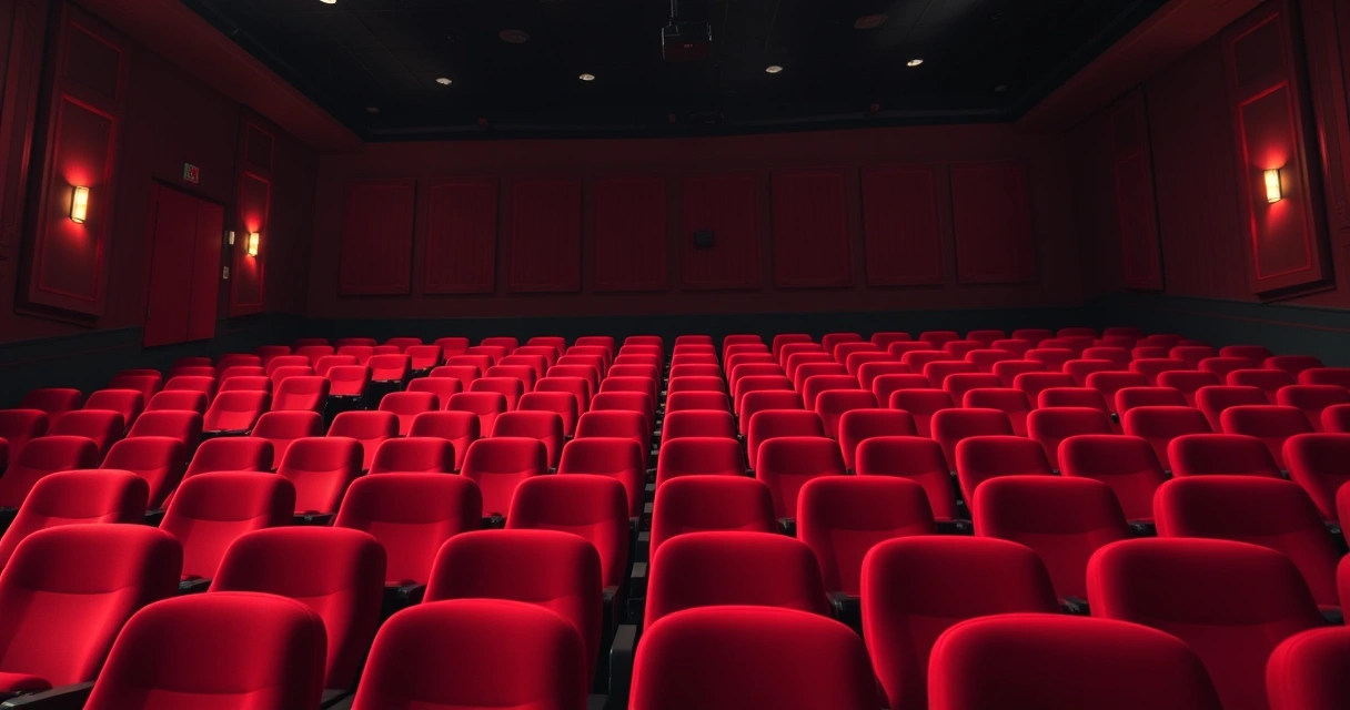 Sala de cinema vazia, com poltronas vermelhas e luz baixa