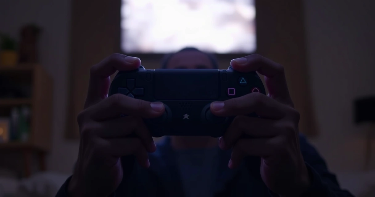 Mãos segurando um controle de videogame, com o brilho da tela ao fundo