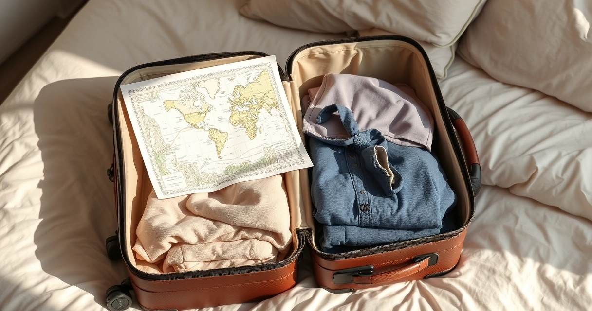 Mala aberta com roupas dobradas e um mapa de papel sobre a cama