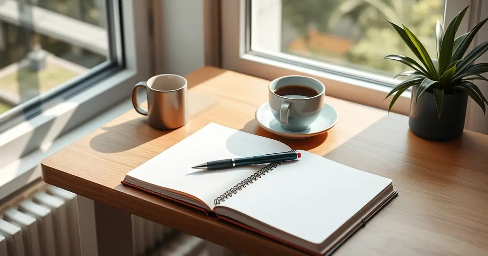 Escrivaninha organizada com caderno, caneta e xícara de café