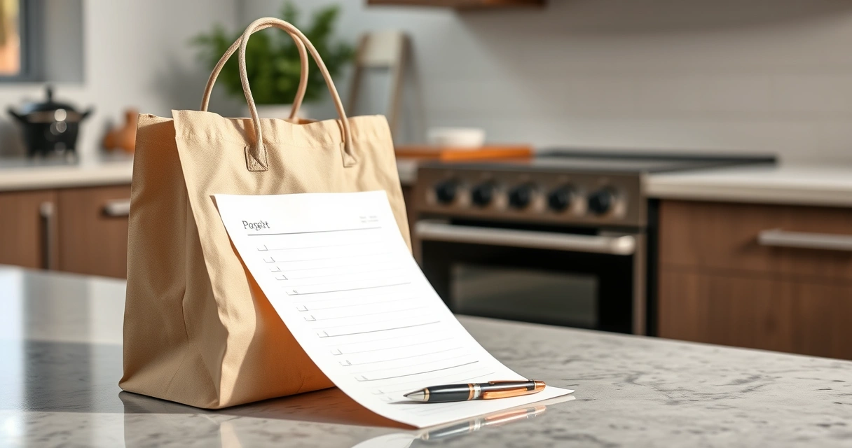 Lista de papel e caneta ao lado de uma sacola na bancada da cozinha