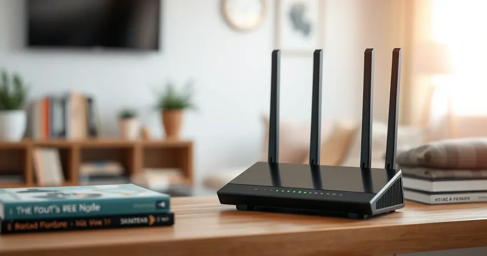 Roteador de internet numa prateleira, ao lado de livros