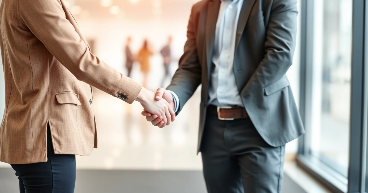 Duas pessoas apertando as mãos no saguão de um escritório