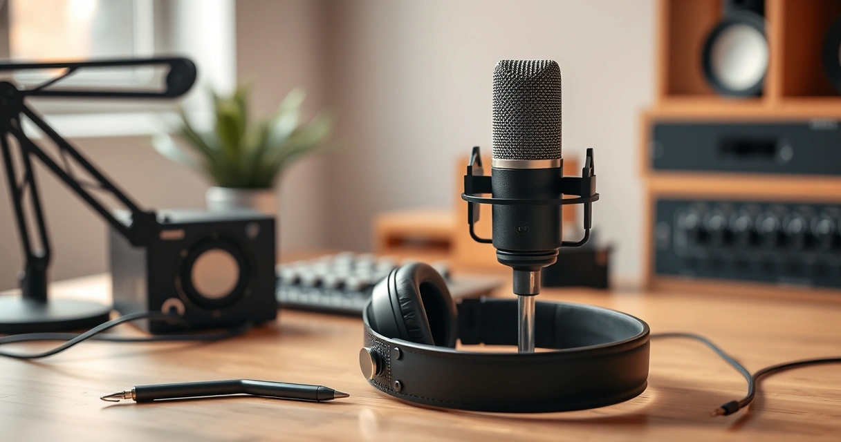 Microfone de podcast e fones de ouvido sobre a mesa