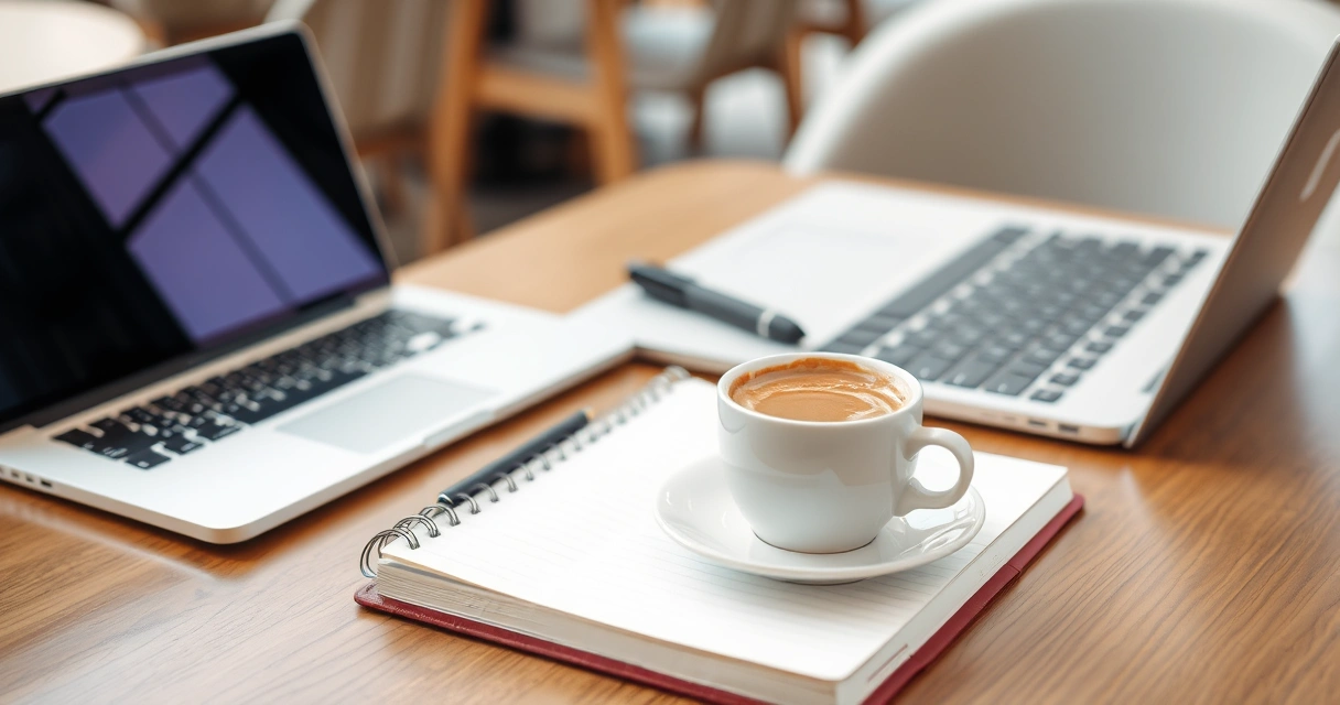 Caderno, café e notebook sobre a mesa de uma cafeteria