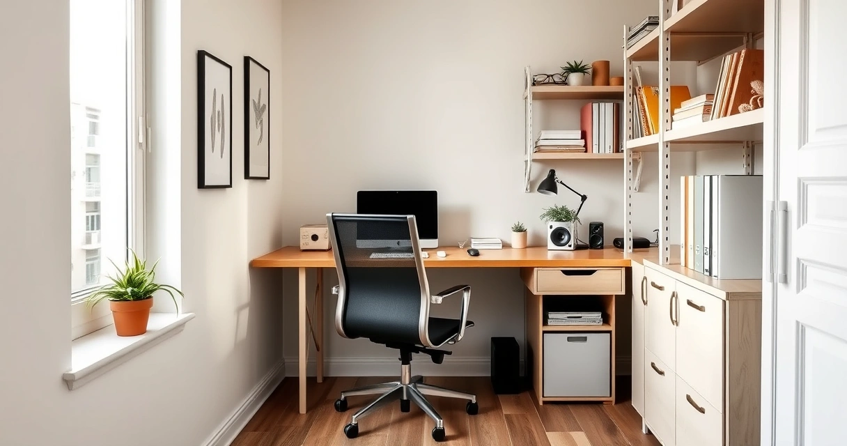 Escritório compacto em casa, com mesa, cadeira e prateleiras