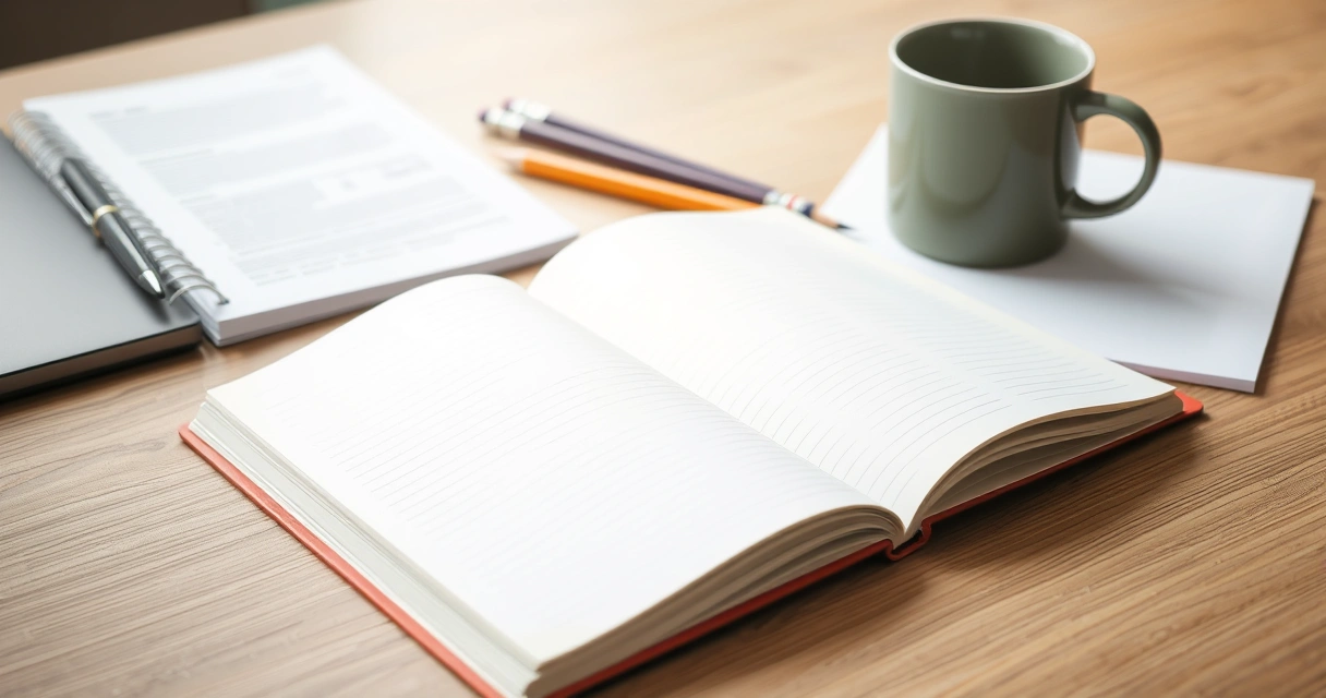 Caderno aberto, lápis e uma caneca sobre a mesa de estudo