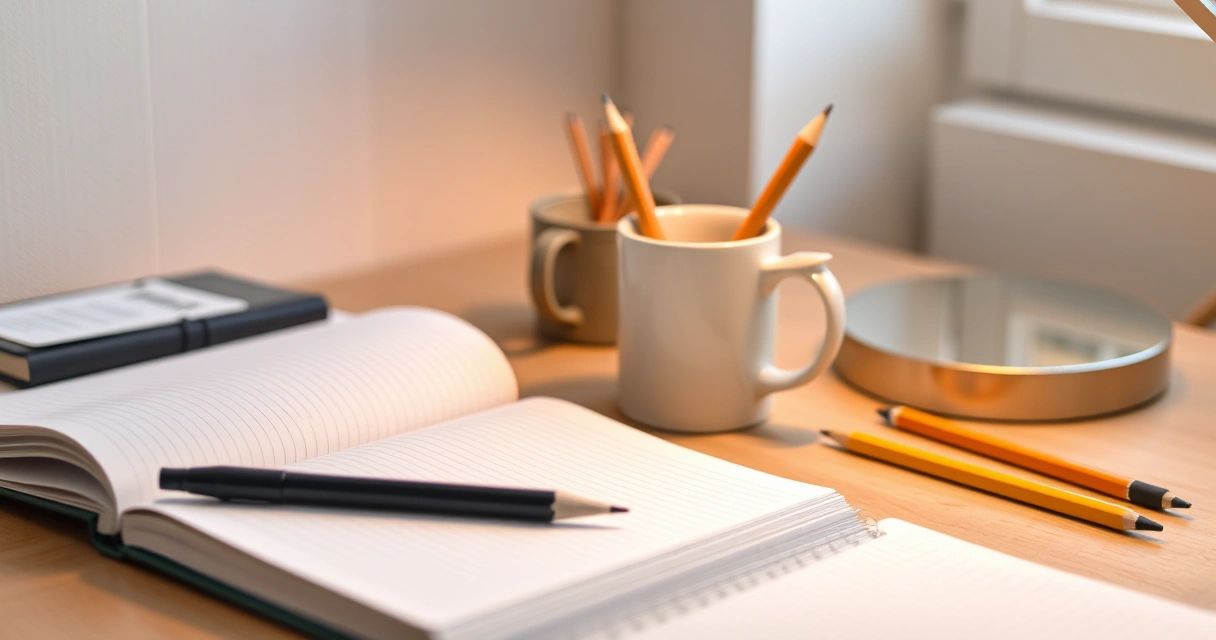 Caderno aberto, lápis e uma caneca sobre a mesa de estudo
