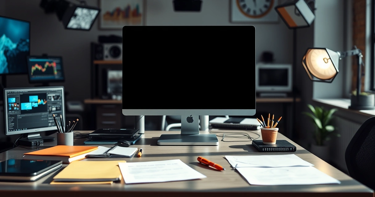 Mesa de redação com monitor e anotações, com luz do dia