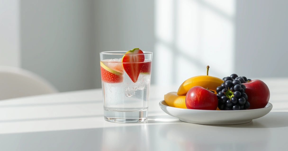 Copo de água e frutas frescas sobre uma mesa clara