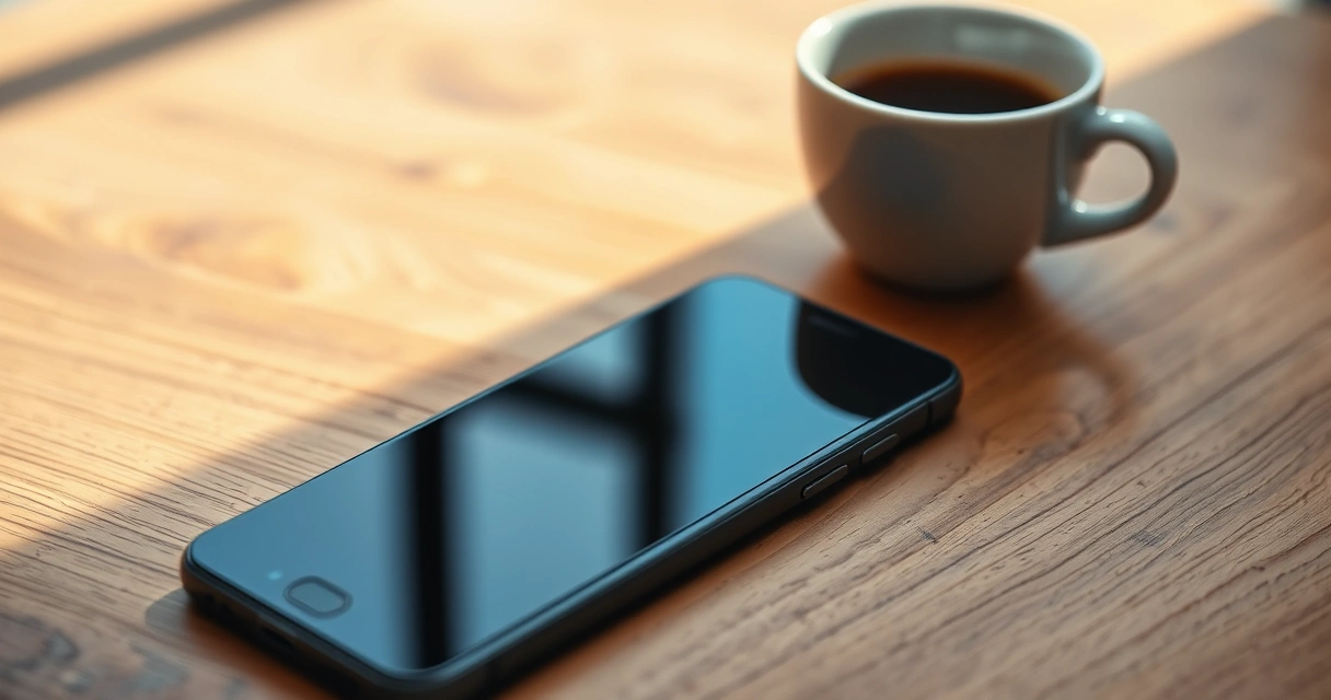 Celular sobre uma mesa de madeira, ao lado de uma xícara de café