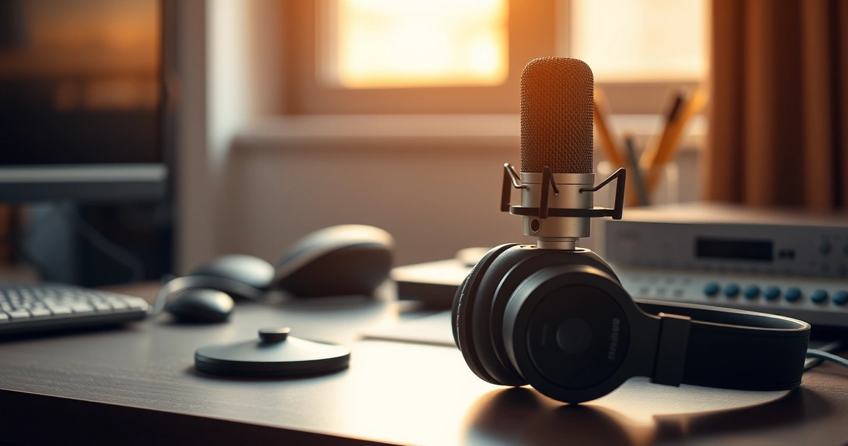 Microfone de podcast e fones de ouvido sobre a mesa