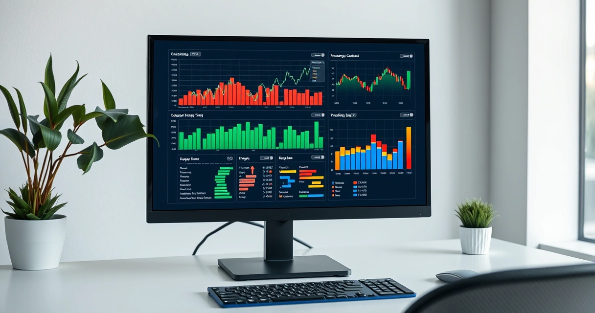 Monitor exibindo gráficos coloridos sobre uma mesa organizada