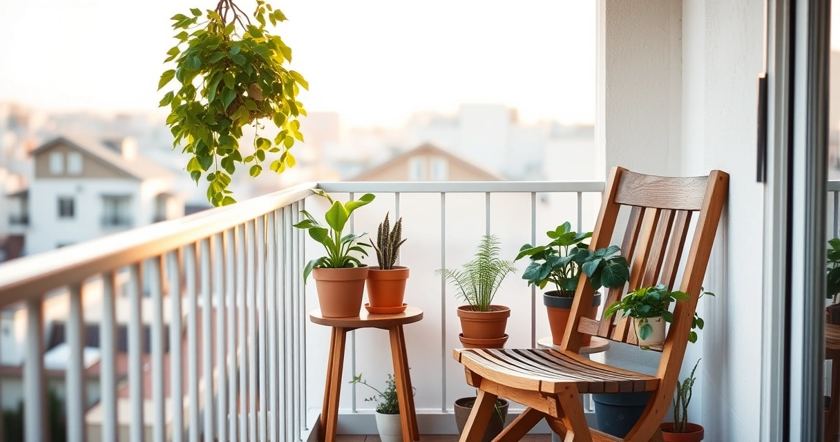 Varanda pequena com plantas em vasos e uma cadeira de madeira