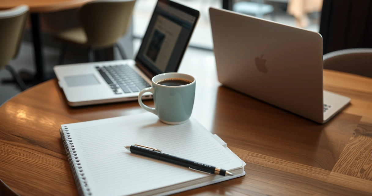 Caderno, café e notebook sobre a mesa de uma cafeteria