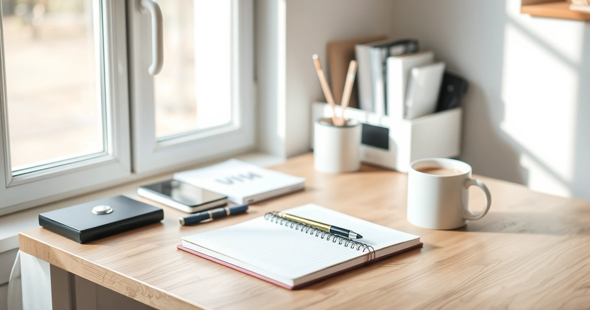 Escrivaninha organizada com caderno, caneta e xícara de café
