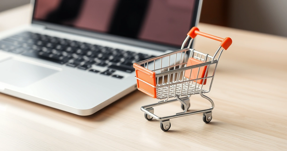 Carrinho de compras em miniatura ao lado de um notebook