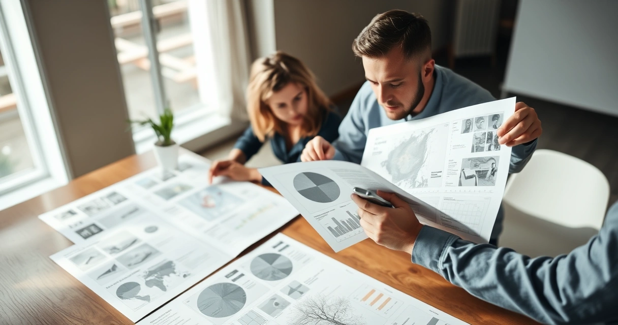 Duas pessoas analisando layouts impressos sobre uma mesa grande