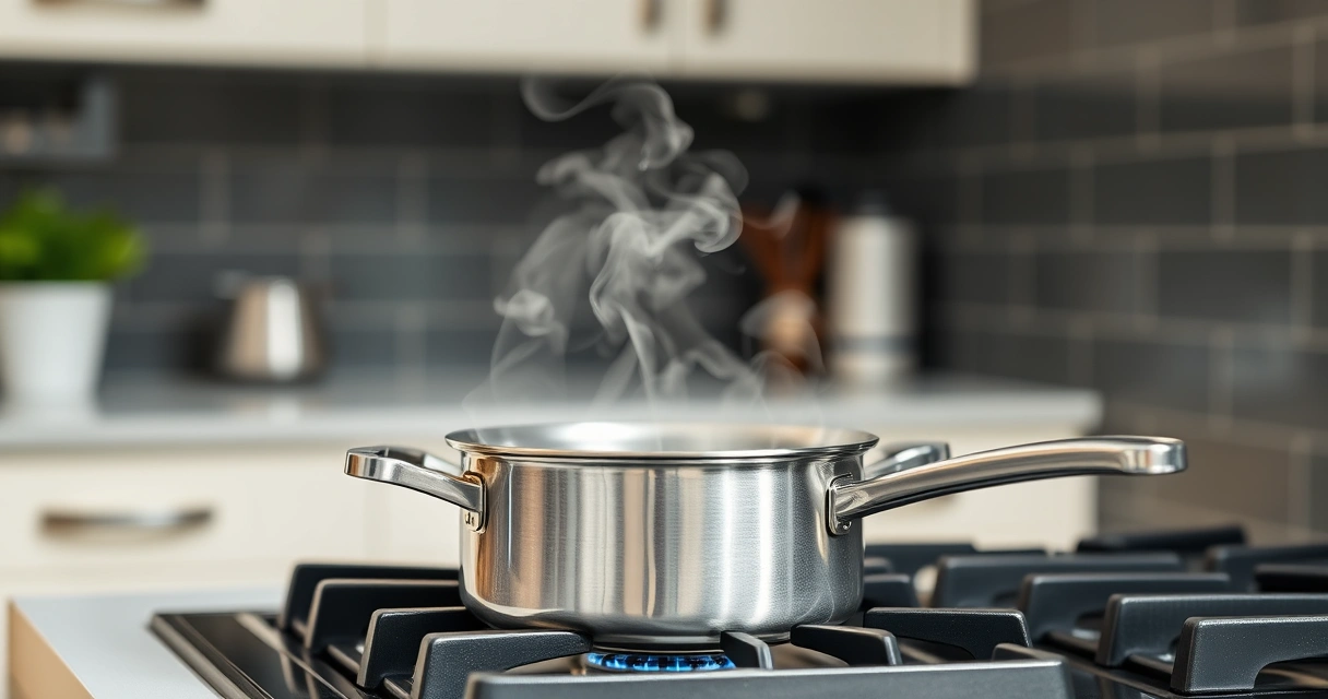 Panela sobre o fogão, com vapor subindo, e a bancada desfocada ao fundo