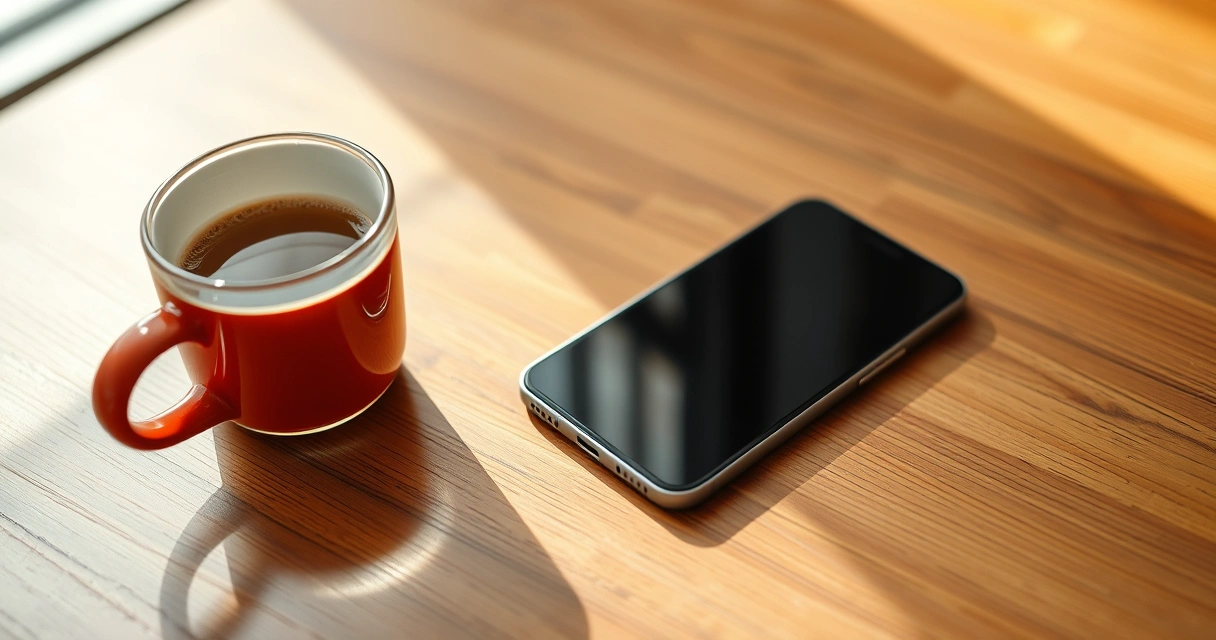 Celular sobre uma mesa de madeira, ao lado de uma xícara de café