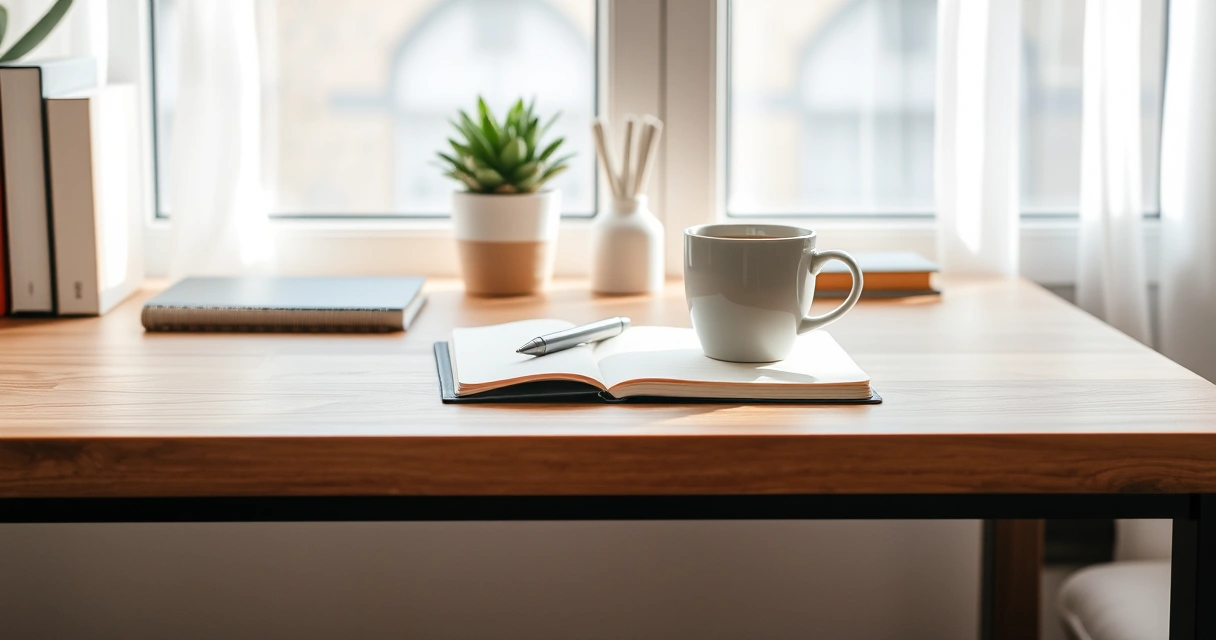 Escrivaninha organizada com caderno, caneta e xícara de café
