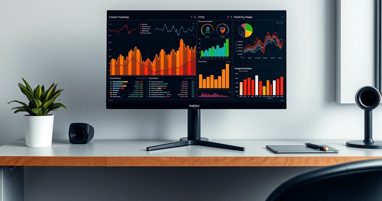 Monitor exibindo gráficos coloridos sobre uma mesa organizada