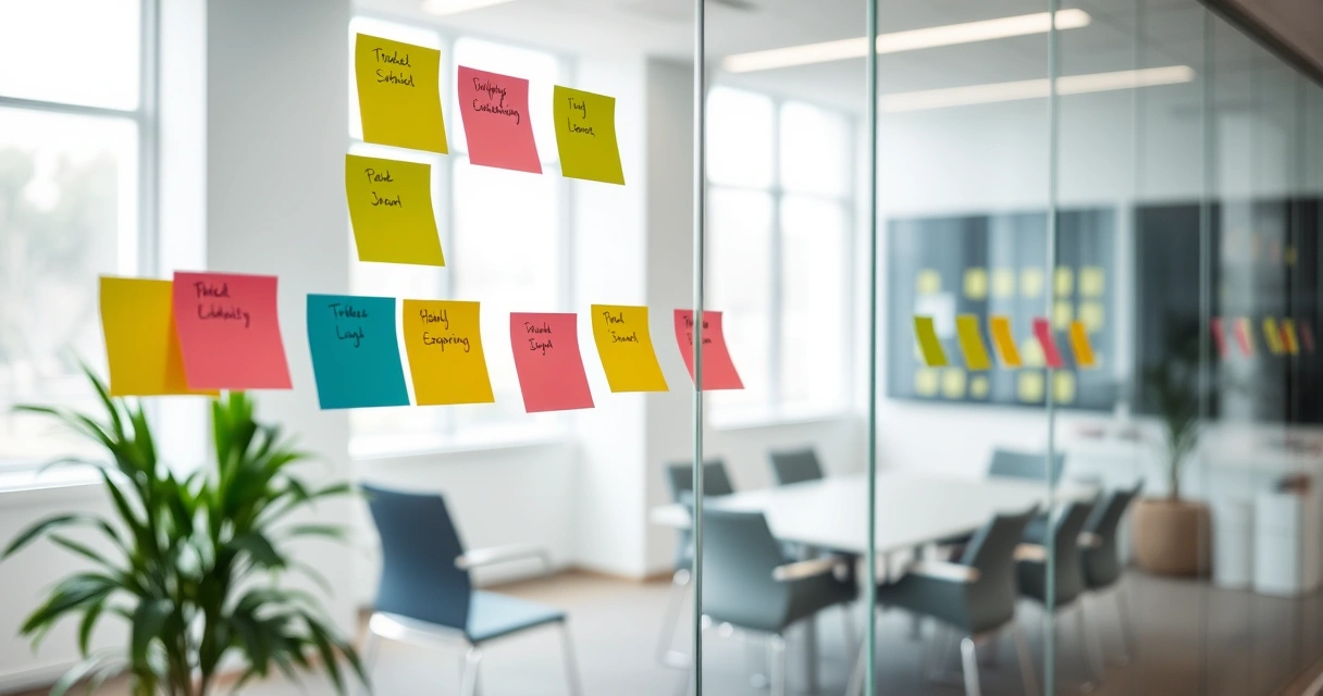 Post-its colados numa parede de vidro em sala de reunião