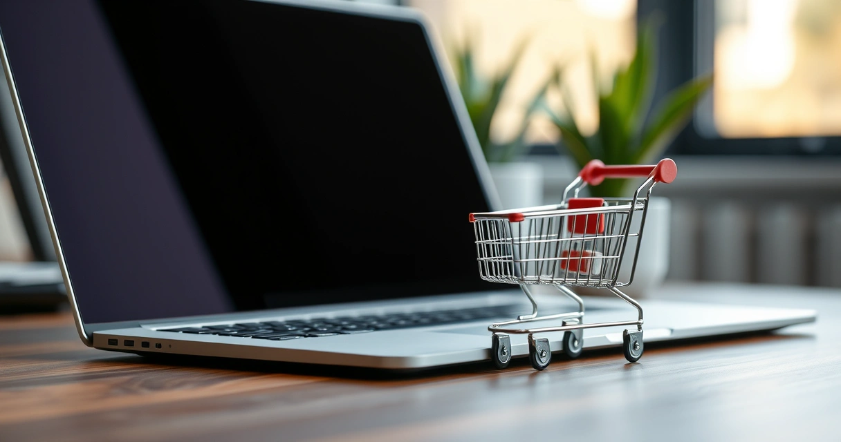 Carrinho de compras em miniatura ao lado de um notebook