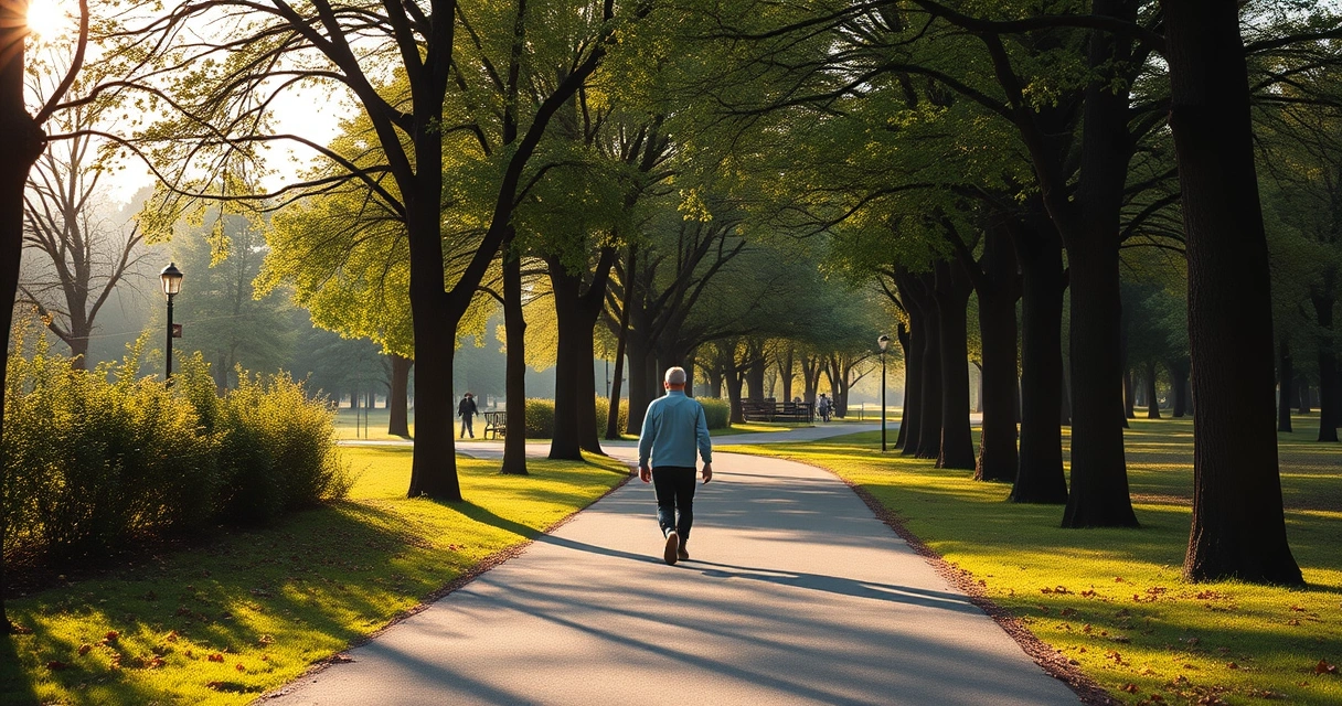 Pessoa caminhando por uma trilha de parque entre árvores