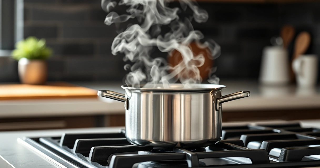 Panela sobre o fogão, com vapor subindo, e a bancada desfocada ao fundo