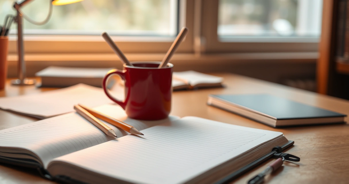 Caderno aberto, lápis e uma caneca sobre a mesa de estudo