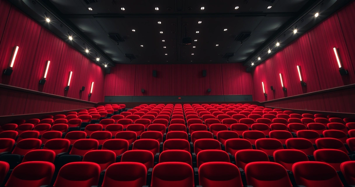 Sala de cinema vazia, com poltronas vermelhas e luz baixa