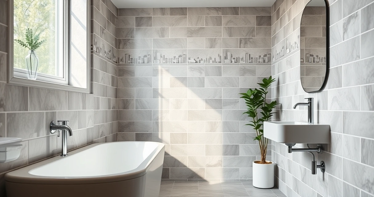 Banheiro moderno e limpo, com azulejos e uma planta