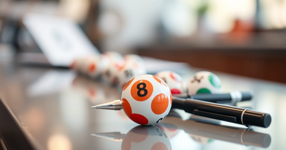 Bolas de sorteio e uma caneta sobre um balcão