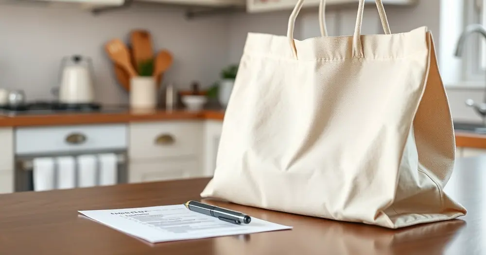 Lista de papel e caneta ao lado de uma sacola na bancada da cozinha