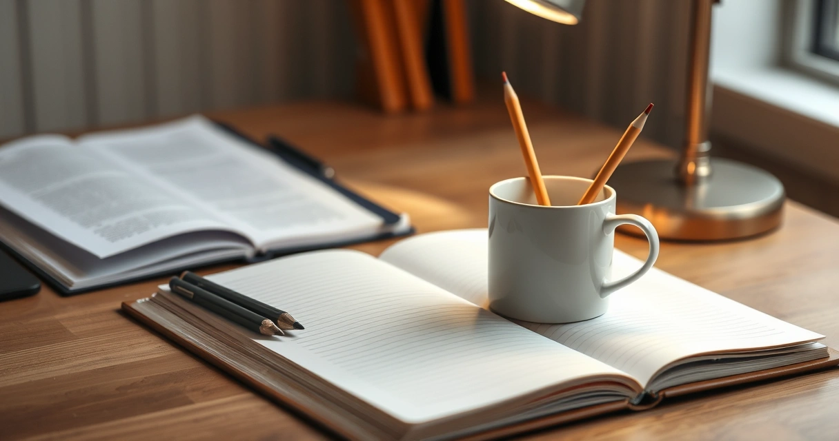 Caderno aberto, lápis e uma caneca sobre a mesa de estudo
