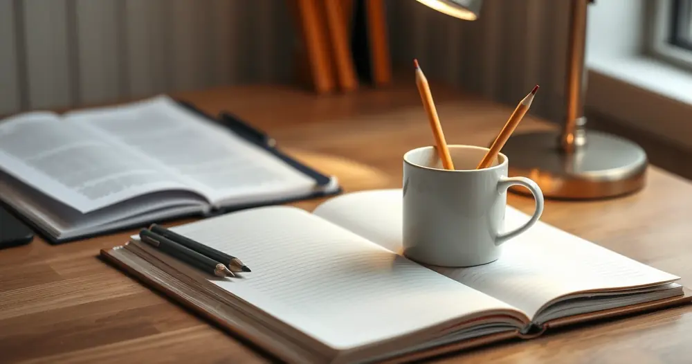 Caderno aberto, lápis e uma caneca sobre a mesa de estudo