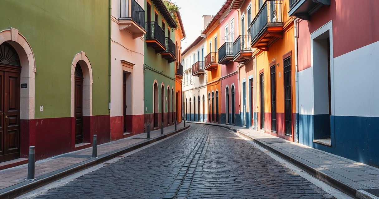 Rua colonial com fachadas coloridas e calçamento de pedra