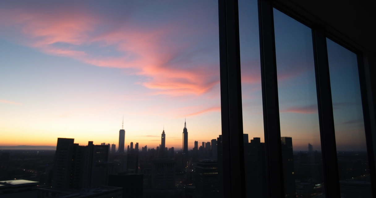 Janela de escritório com vista para a cidade ao anoitecer